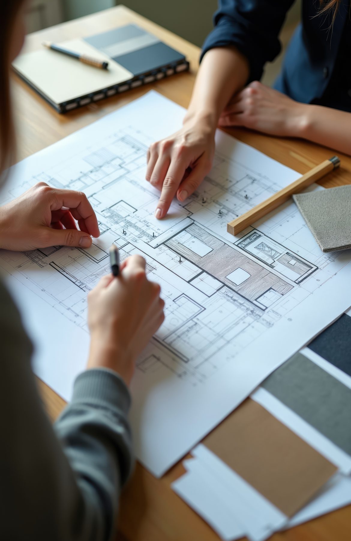 Architects reviewing a floor plan at a desk